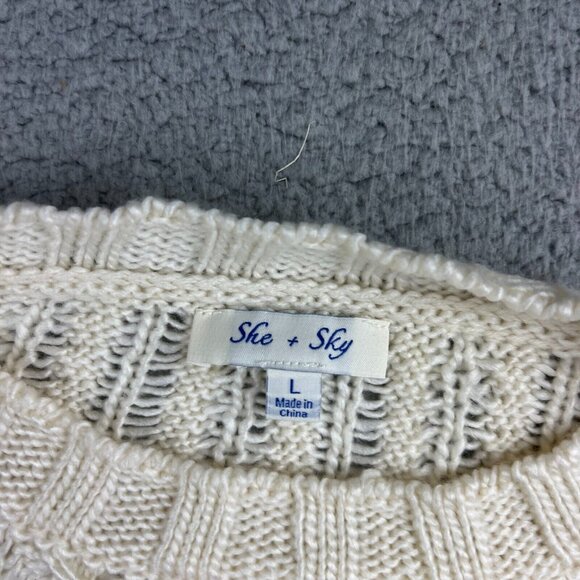 She + Sky Womens Open Knit Ivory White Sweater Womens Large - Picture 2 of 6